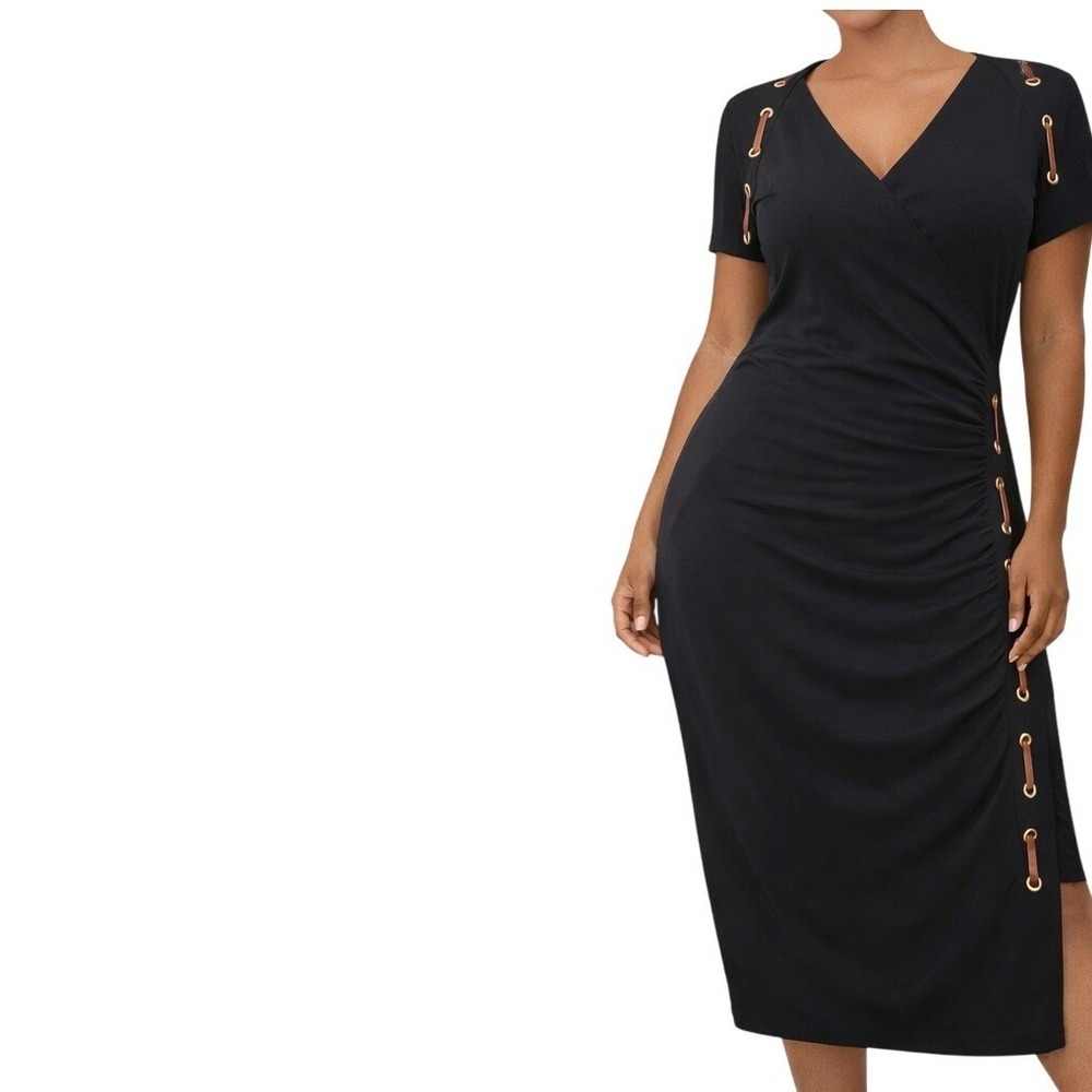 Carmen Marc Valvo Black Ruched Midi Dress Faux Leather Grommet Accent Womens L